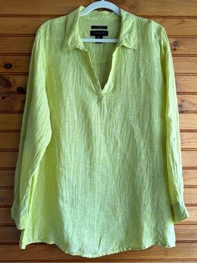Tahari 100% Linen Tunic Top 1X Lemon Yellow Roll Tab Sleeve Resort Beach